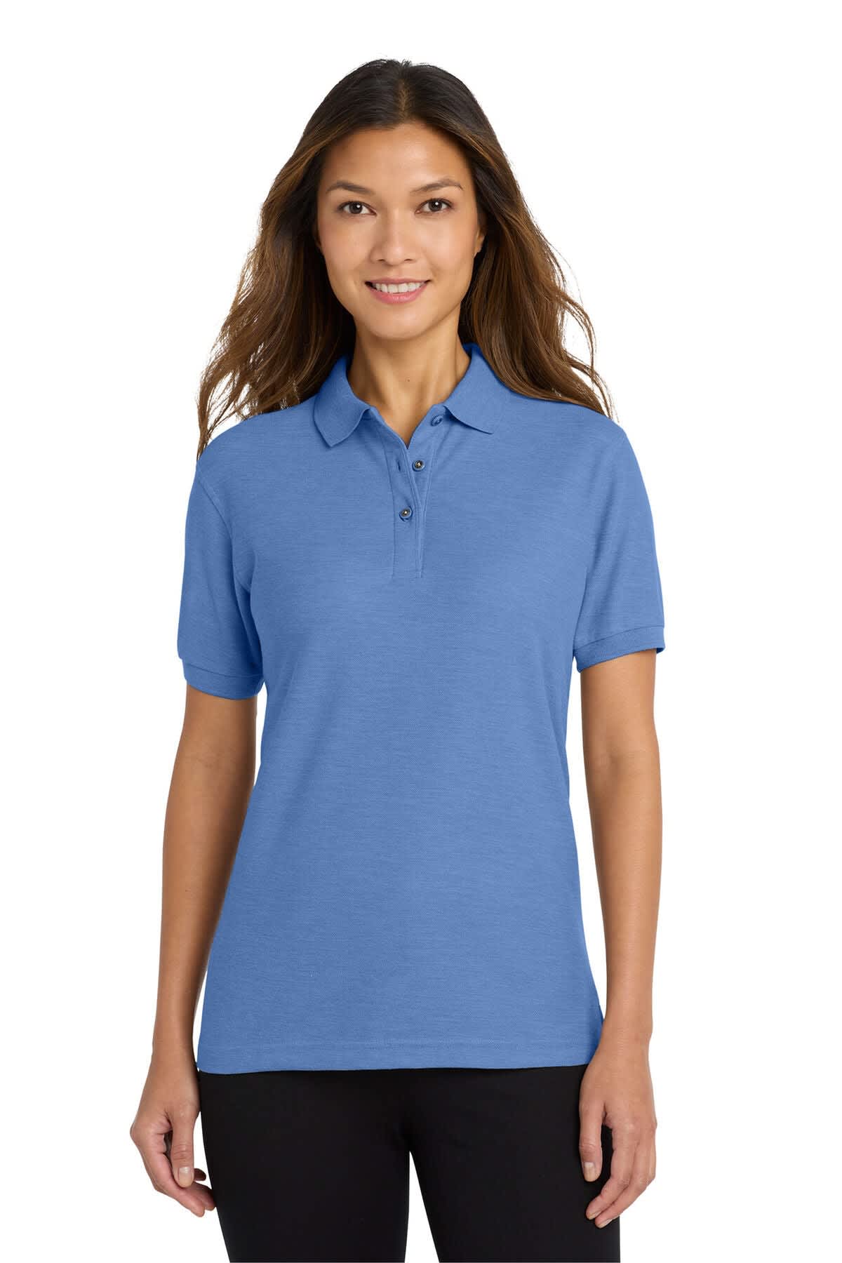 A ladies' polo shirt in a light blue shade, featuring a collar and short sleeves, with a logo on the chest.