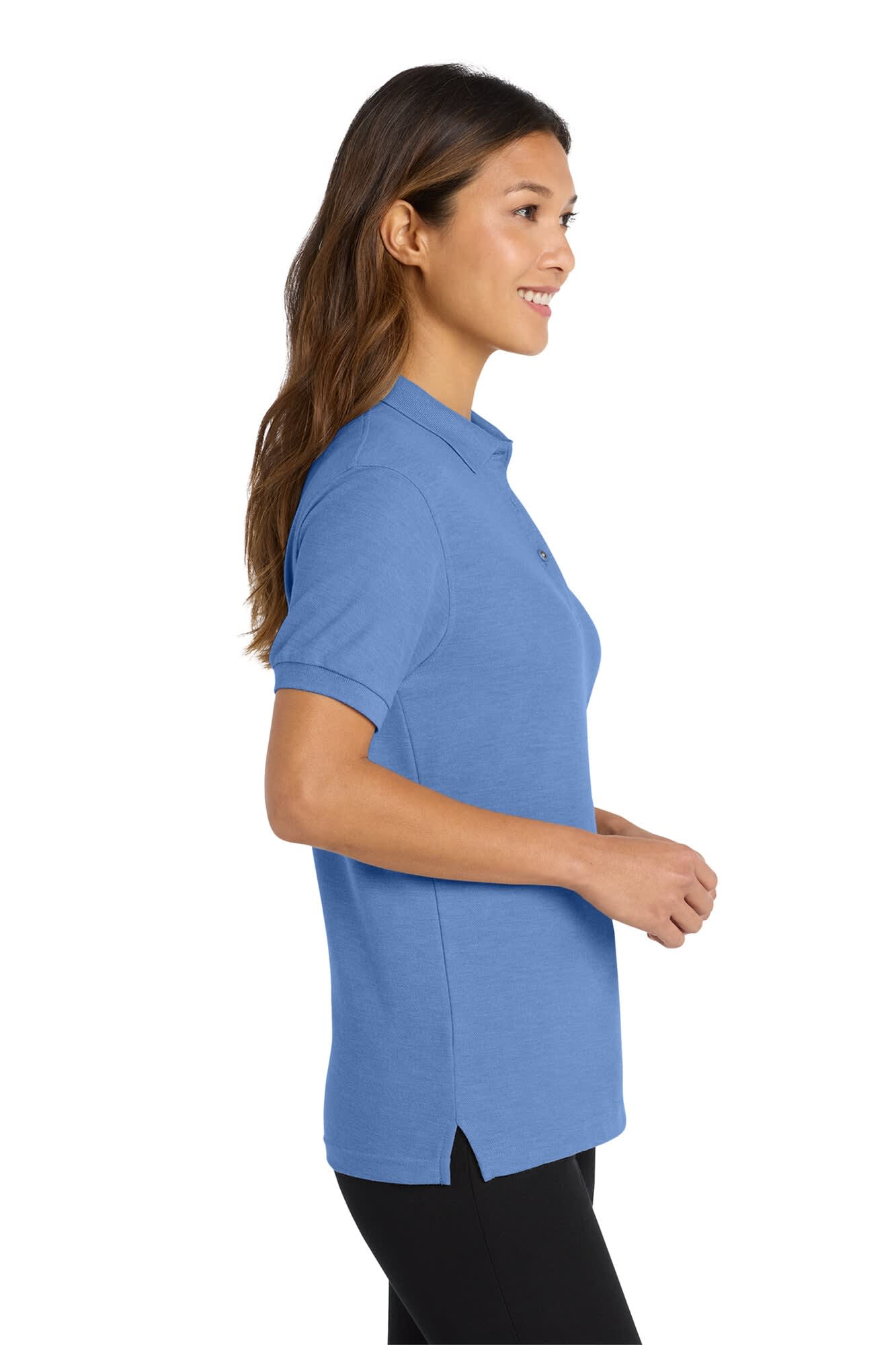 A blue ladies' polo shirt with a collar, featuring short sleeves and side slits, has a logo on it.