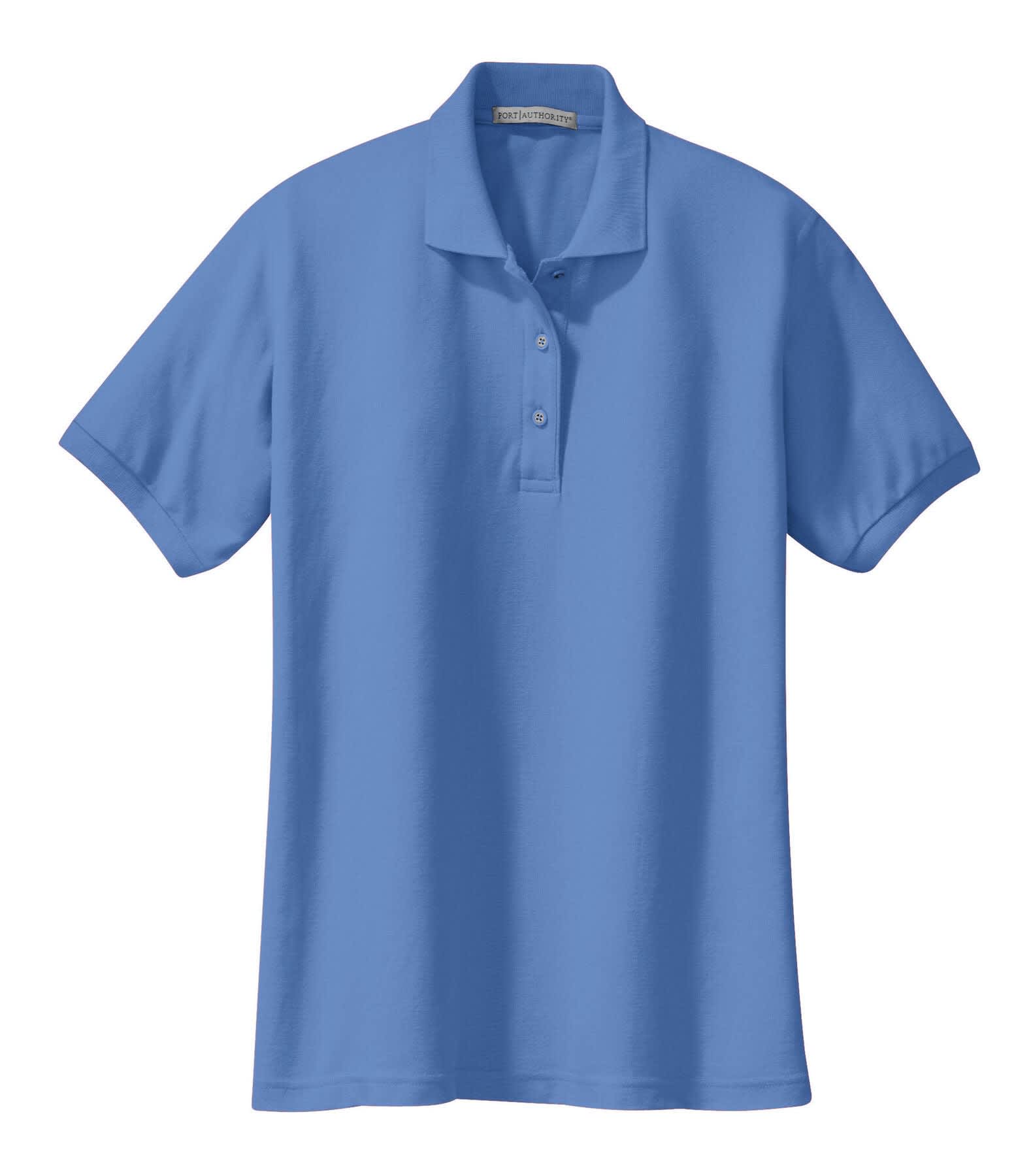 A light blue polo shirt with a classic collar and three-button placket, featuring a logo on the chest.