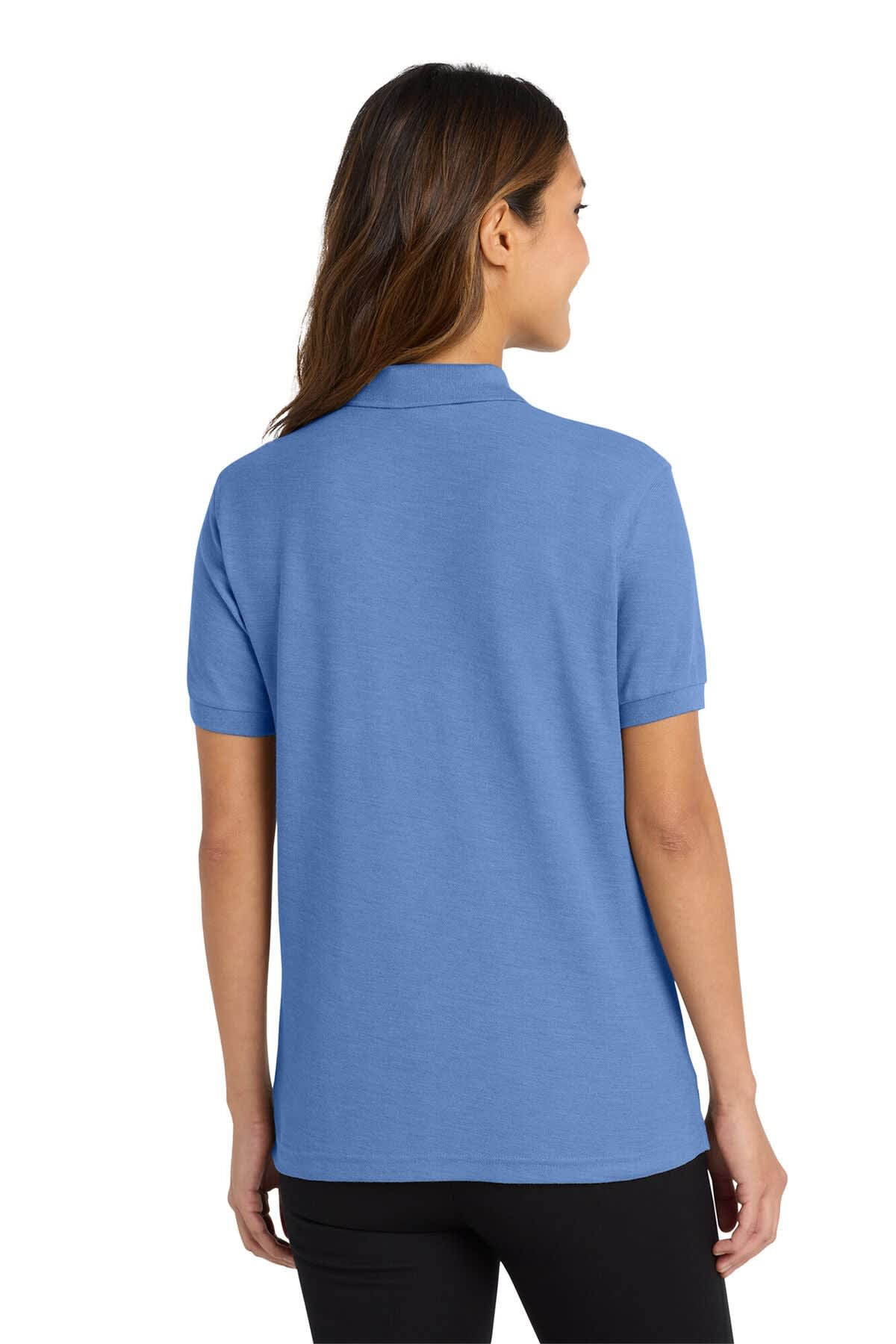 A blue ladies’ polo shirt with a collar and short sleeves, featuring a logo on the back.