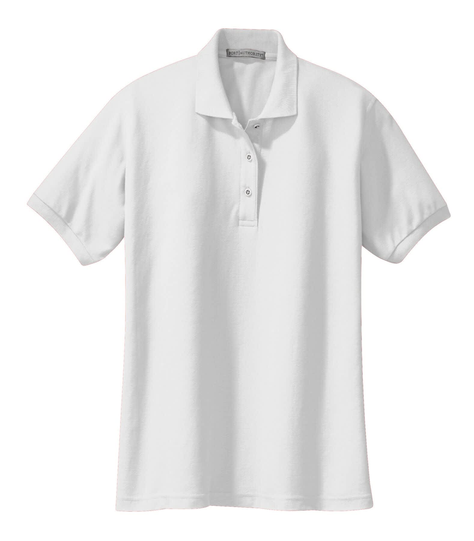 A white polo shirt featuring a collar, short sleeves, and a button placket. It includes a logo on the chest area.