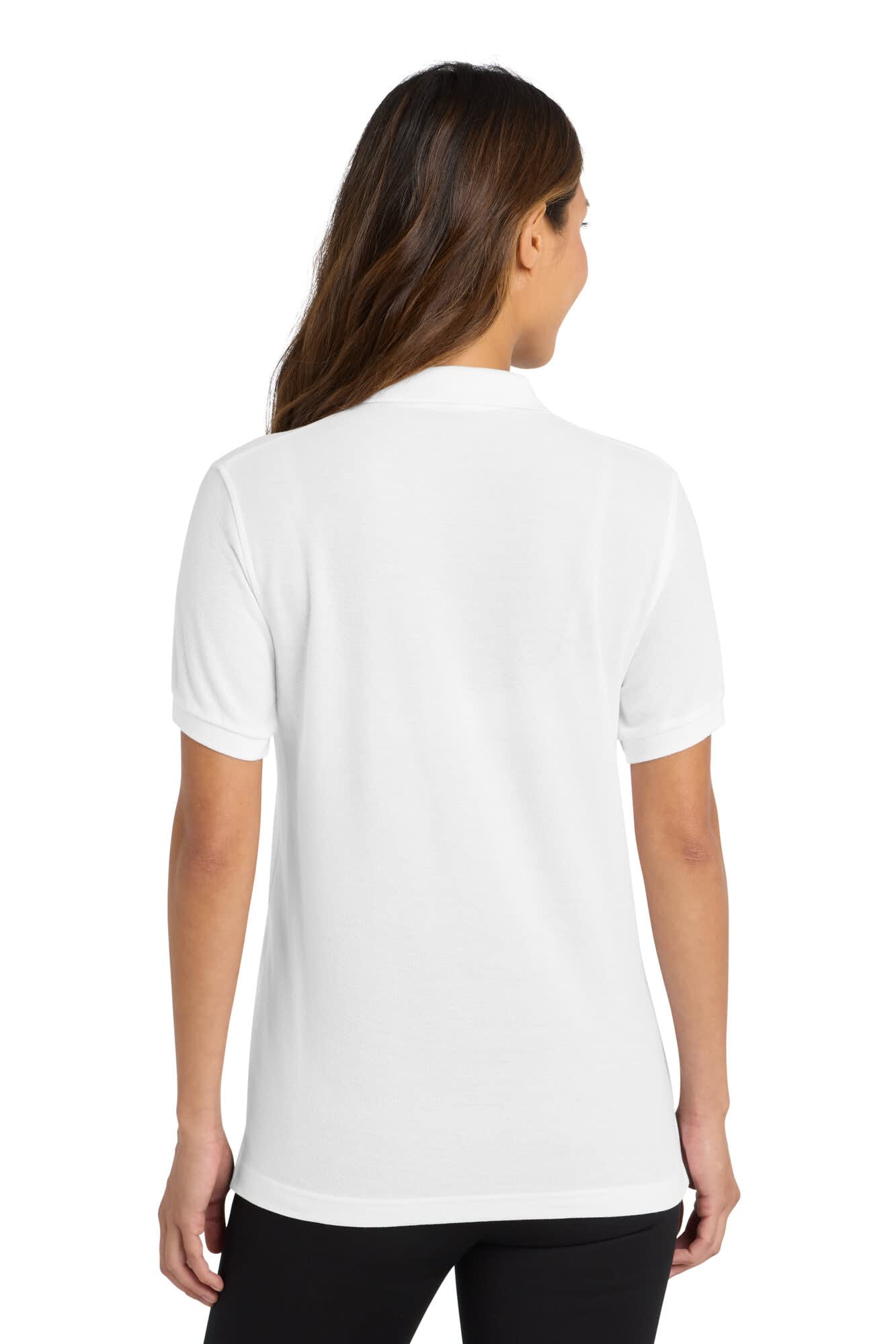 A white ladies' polo shirt with short sleeves, featuring a subtle logo on the back.