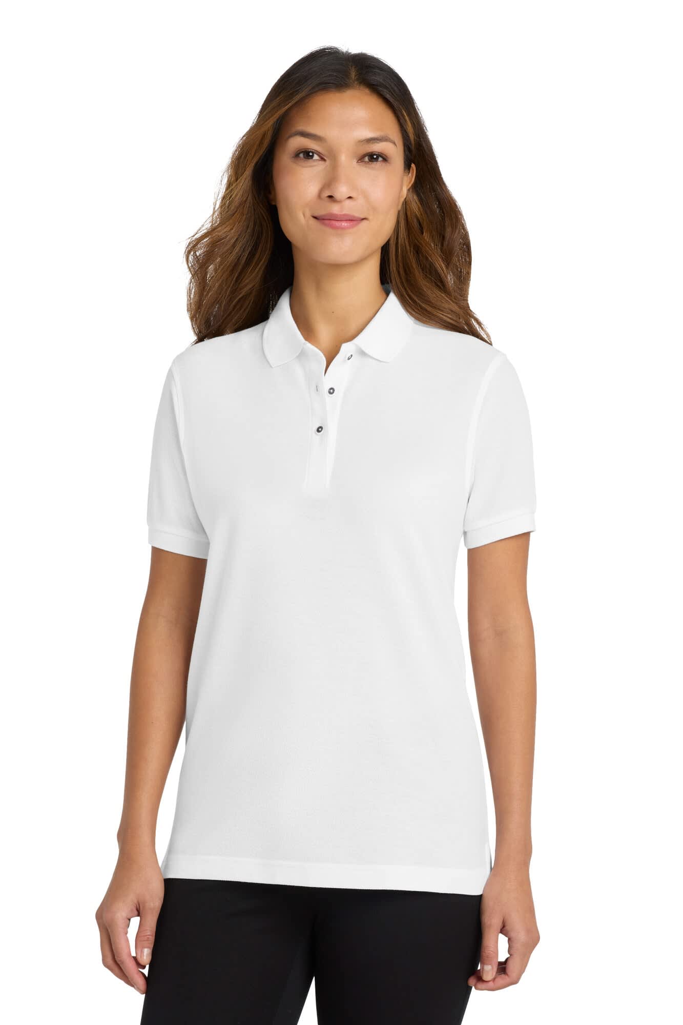 A white ladies' polo shirt with a collar and short sleeves. It features a logo on the chest.