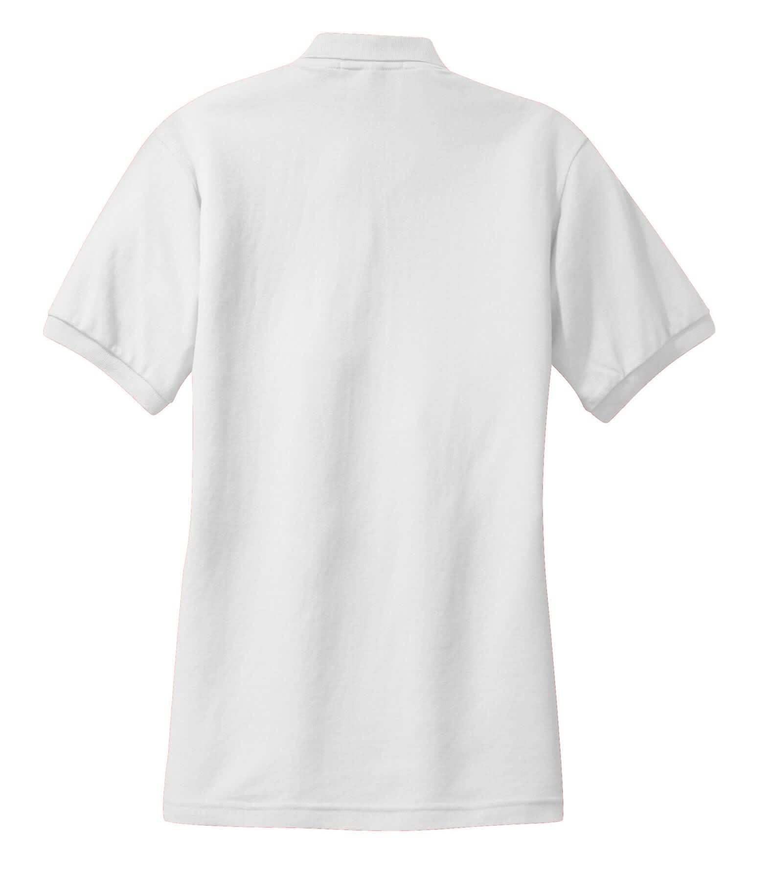 A white polo shirt featuring short sleeves and a collar, with a logo on the back.