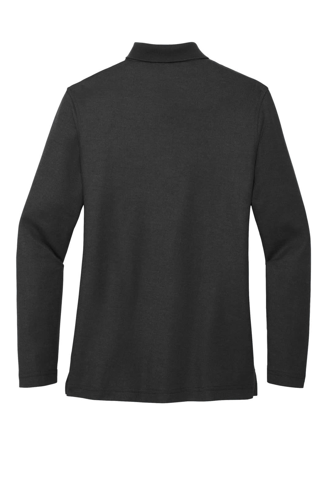 A dark grey long sleeve polo shirt with a collar, featuring a logo on the back.