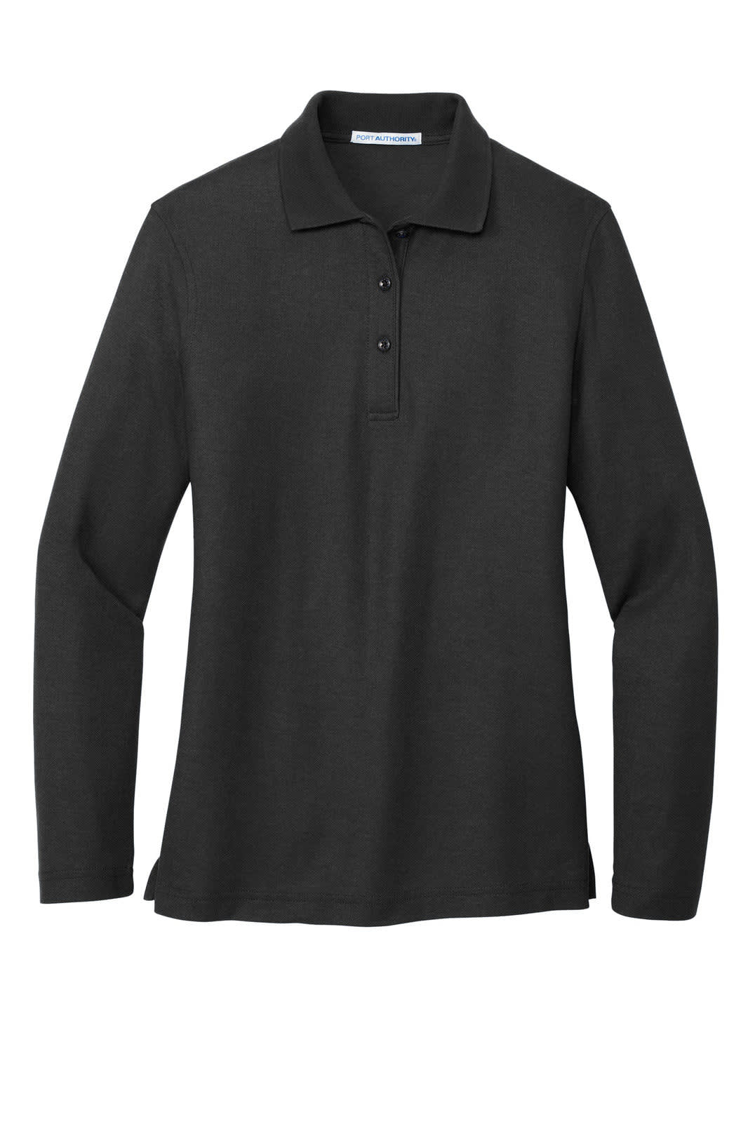 A long sleeve polo shirt in black, featuring a classic collar and three-button placket. Includes branding on the shirt.
