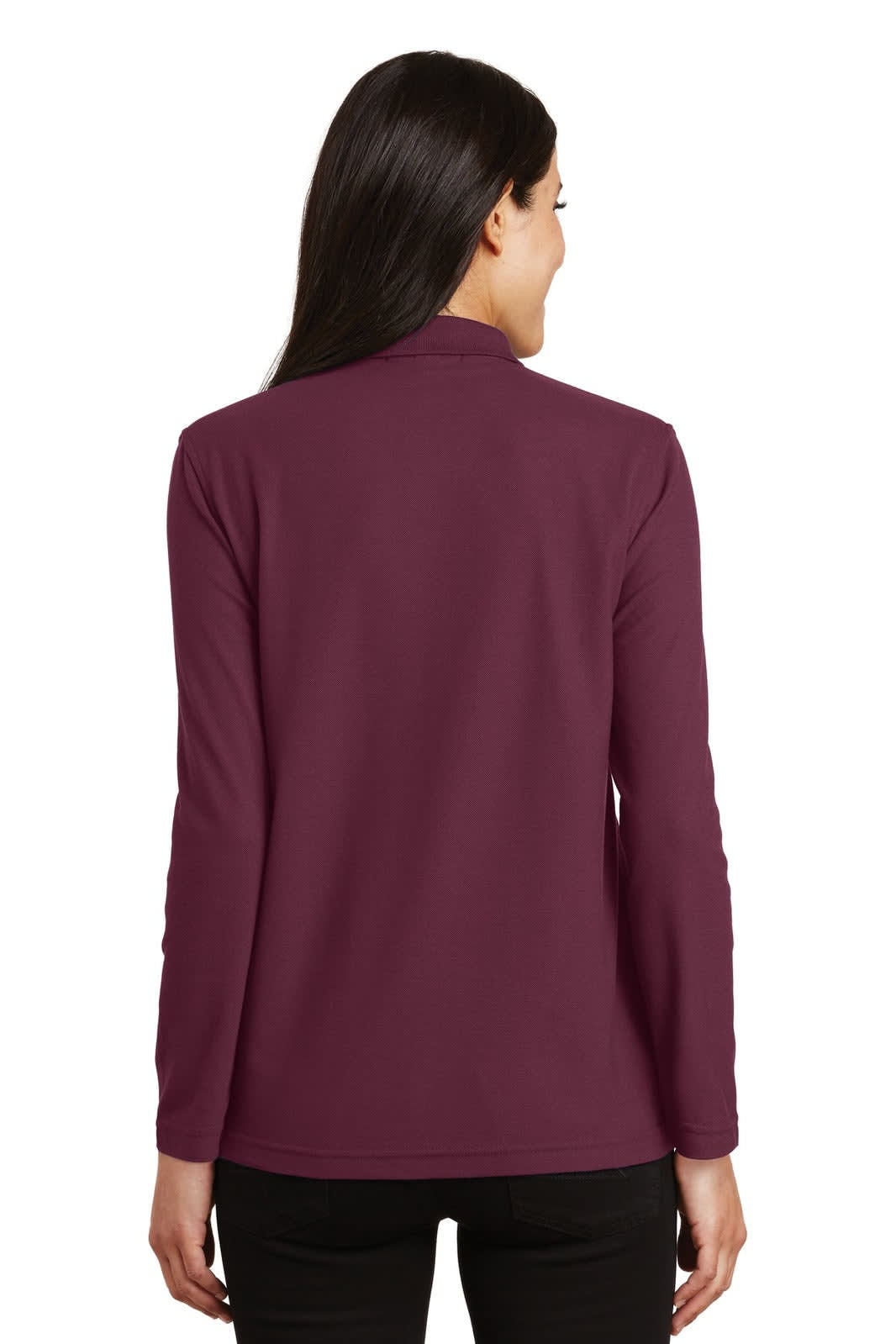 A maroon long sleeve polo shirt for ladies, featuring a collar and a logo on the back.