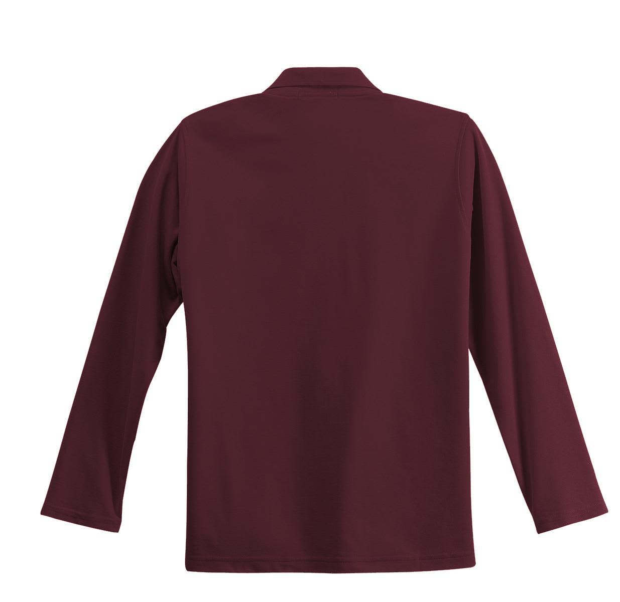 A maroon long sleeve polo shirt with a solid back and a collar, featuring a logo. Ideal for casual or smart-casual wear.