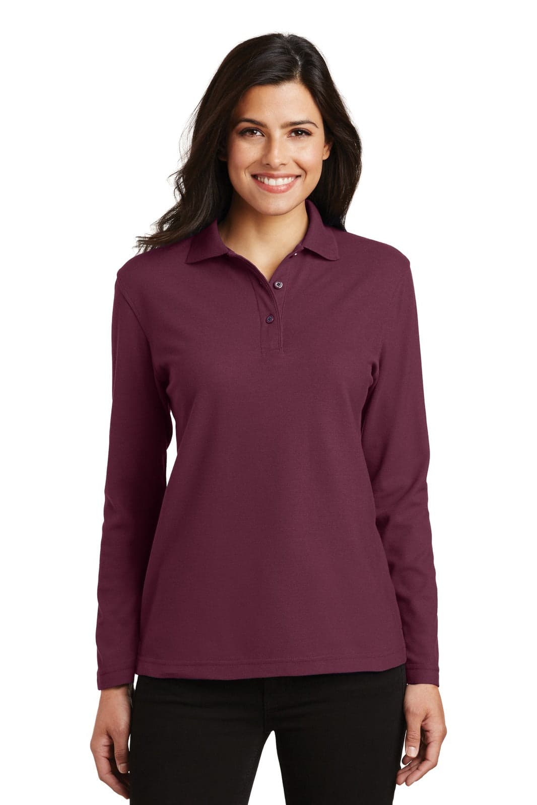 A maroon ladies' long sleeve polo shirt with a collar and buttons, featuring a logo on the left side.