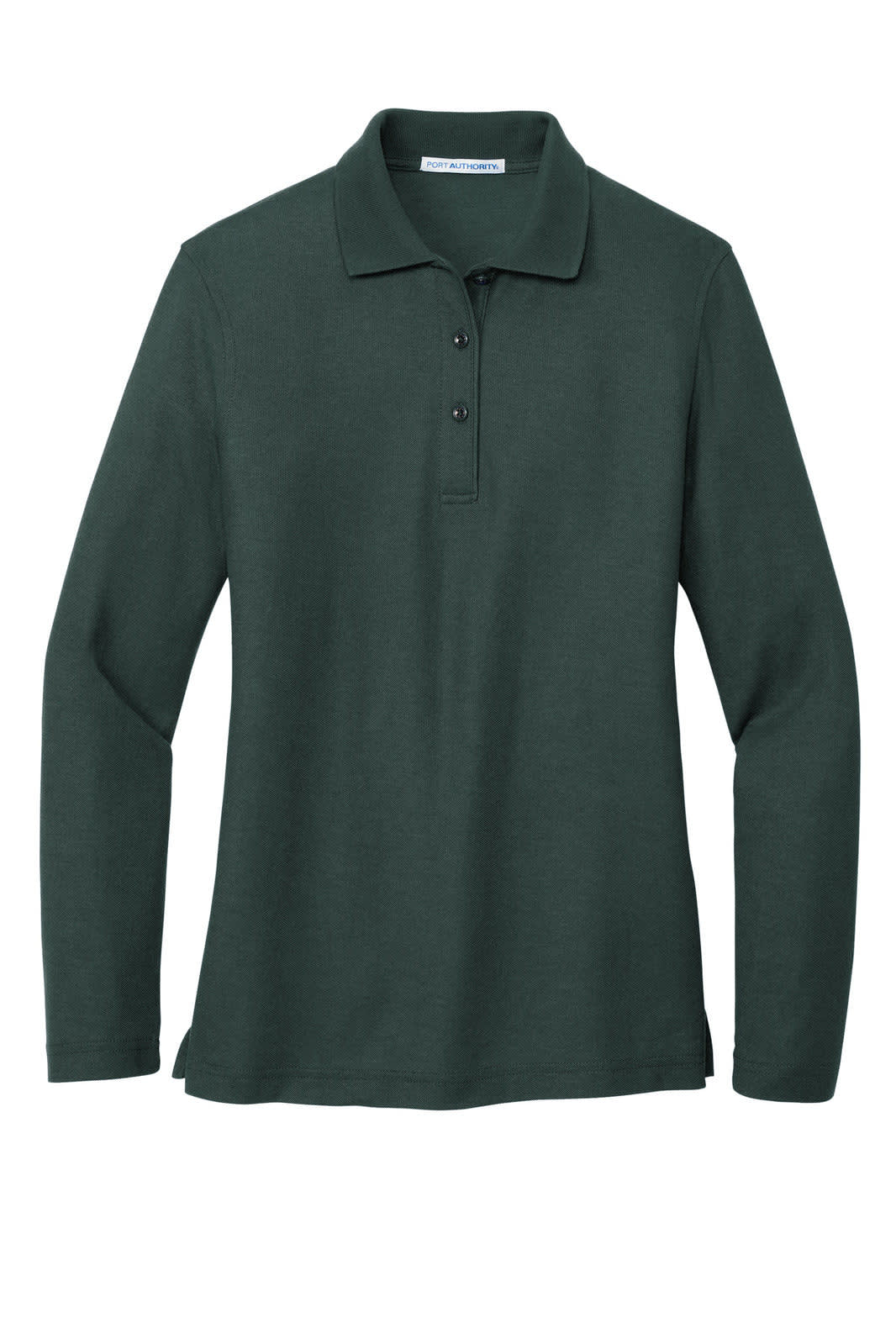 A dark green long sleeve polo shirt with a collar and three buttons, featuring a logo.