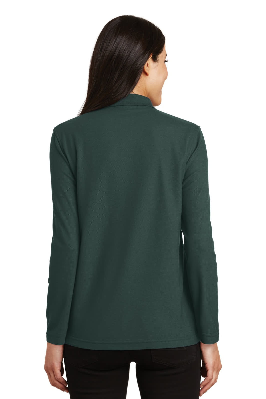 A dark green long sleeve polo shirt for women, featuring a smooth fabric and a simple design, with a logo on the back.