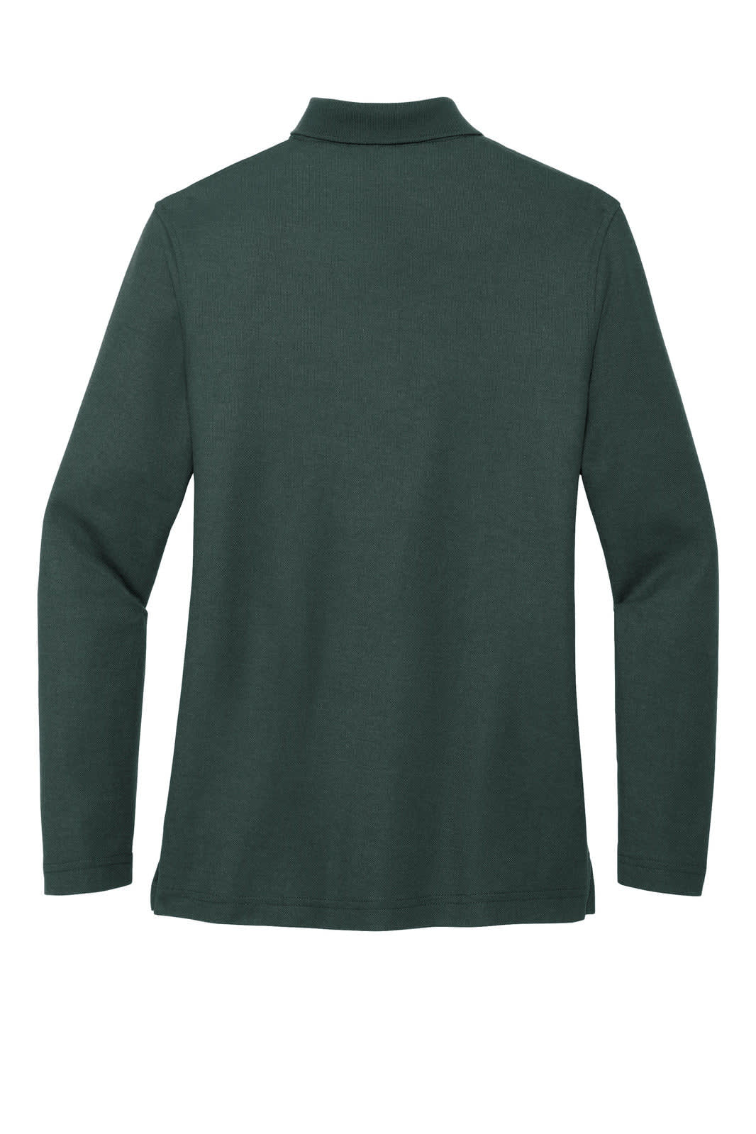 A dark green long sleeve polo shirt with a collar and a logo on the back.