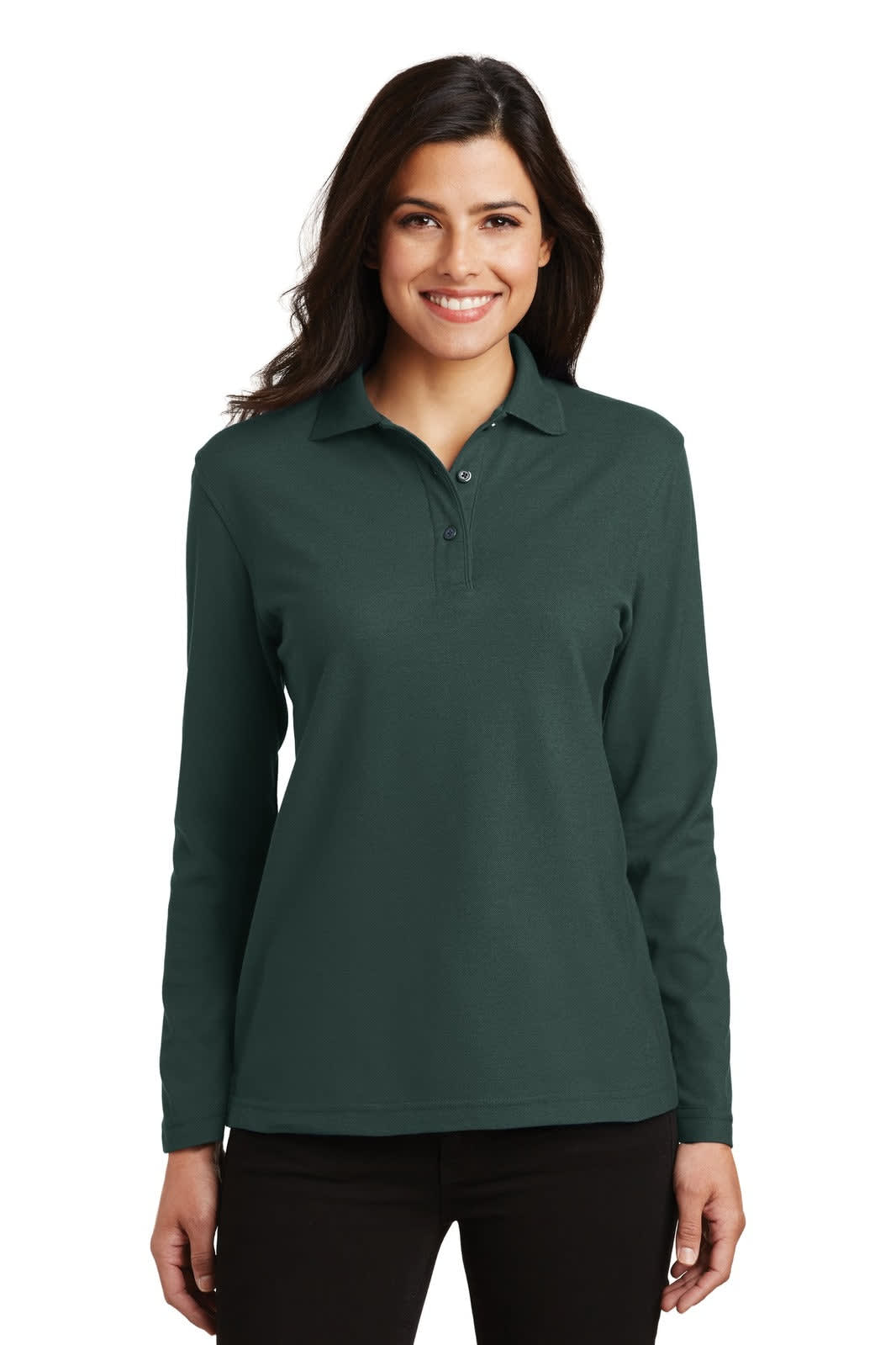 A long sleeve polo shirt in dark green, featuring a collar and a logo on the chest.