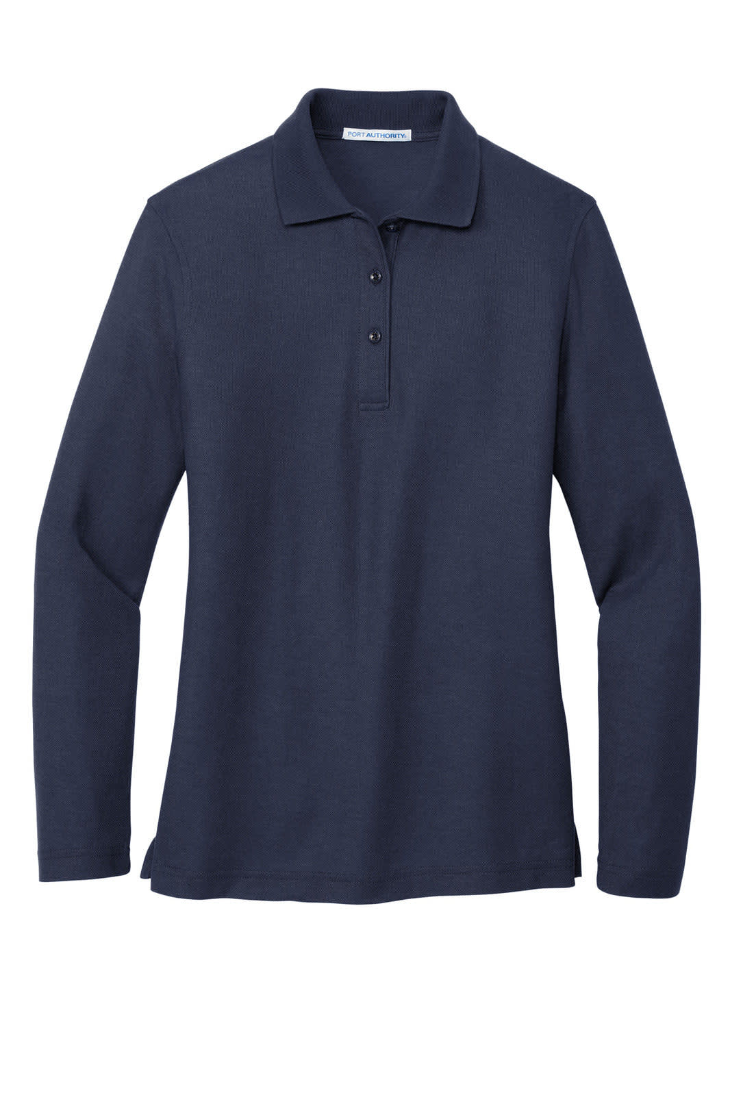 A navy long sleeve polo shirt with a collar and three buttons, featuring a branding logo.