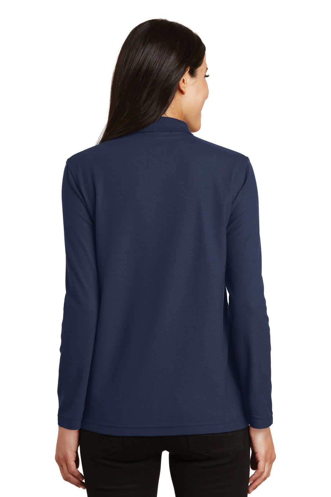 A navy blue long sleeve polo shirt featuring a classic design and a logo on the back.