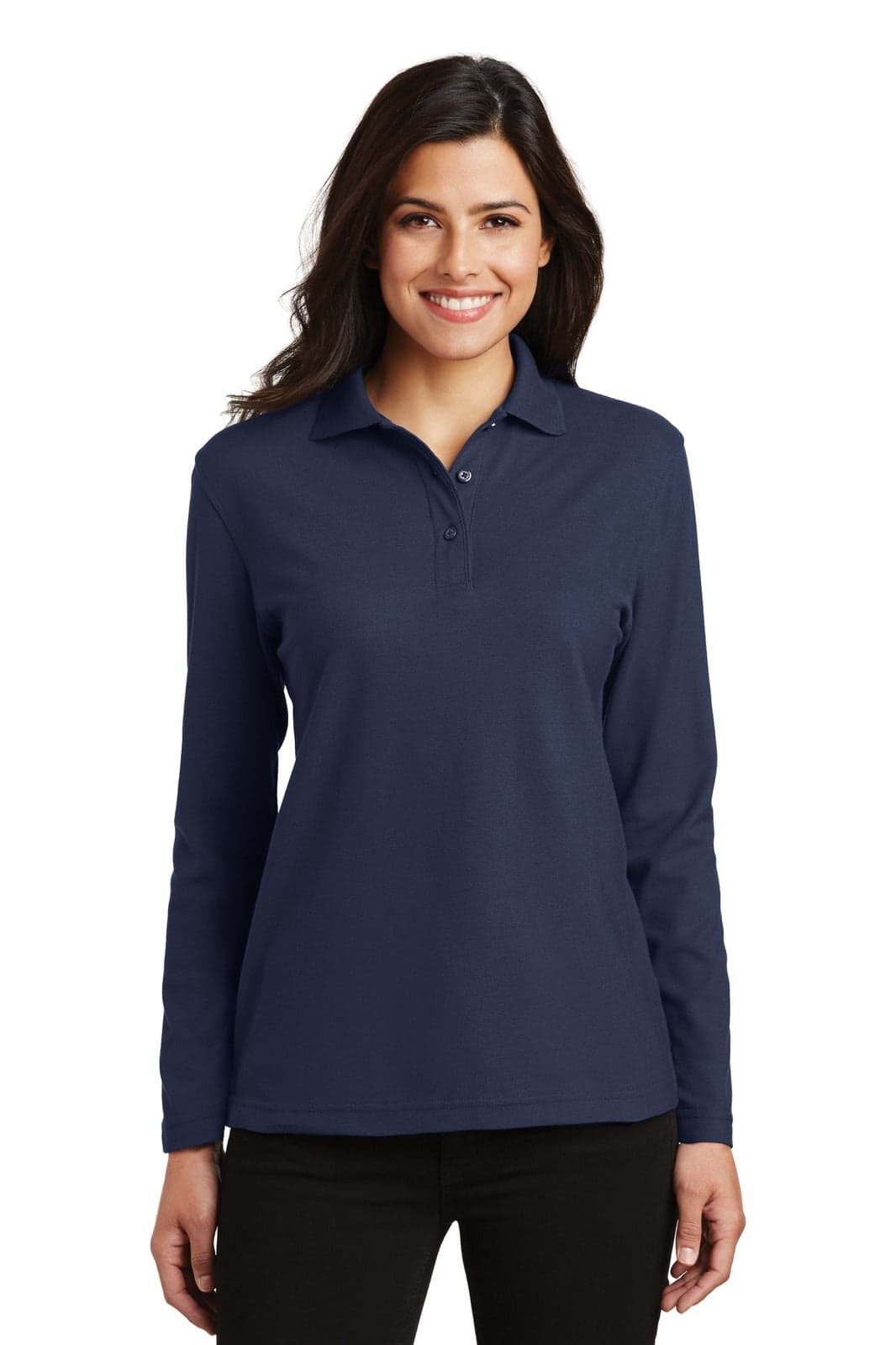 A navy long sleeve polo shirt for ladies with a collar and a logo.