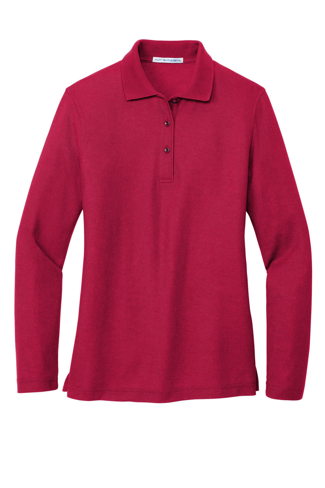 A long sleeve polo shirt in a vibrant burgundy colour, featuring a collar and buttons. It has a logo on it.
