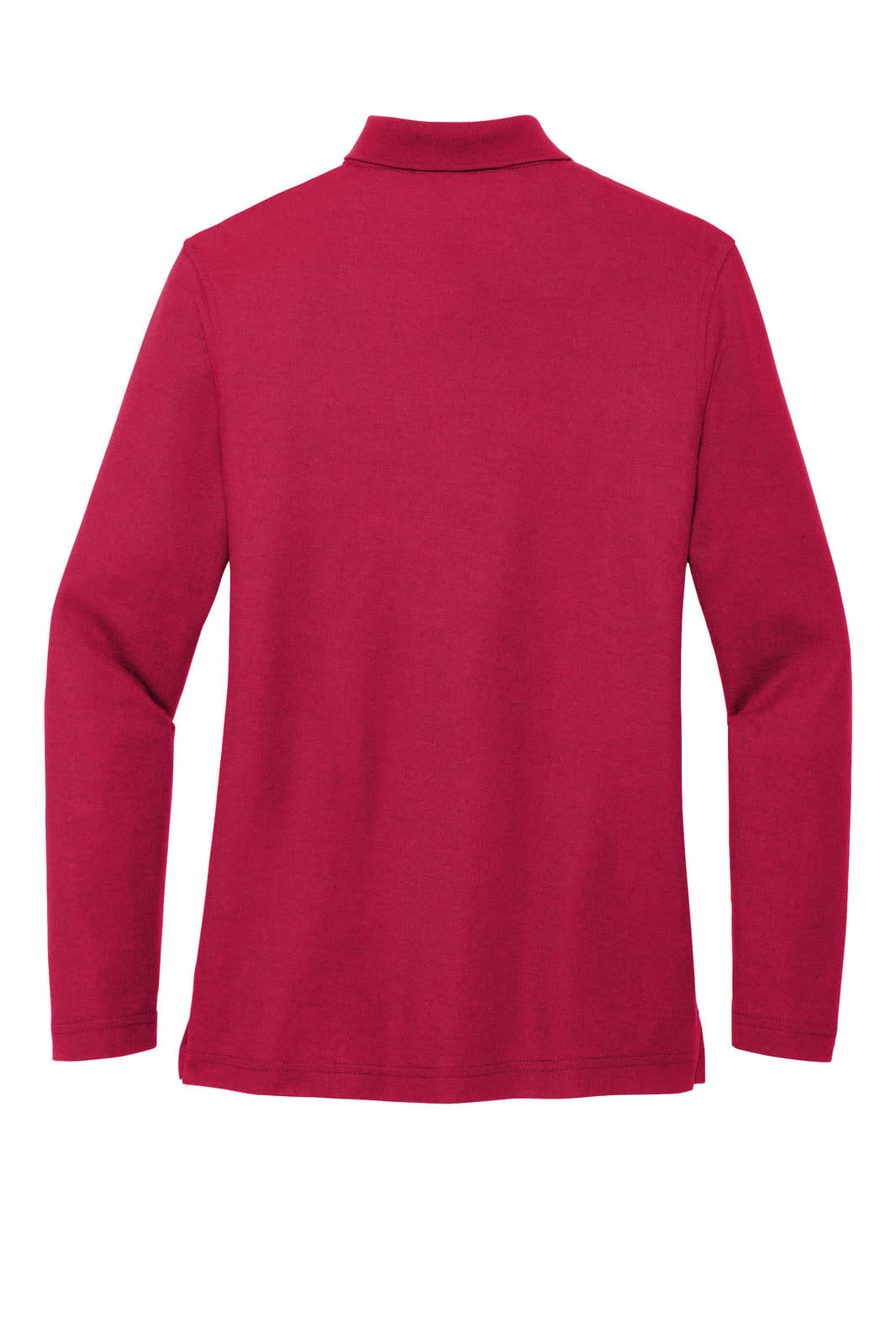 A long sleeve polo shirt in a vibrant red colour, featuring a collar and a plain back with a logo.