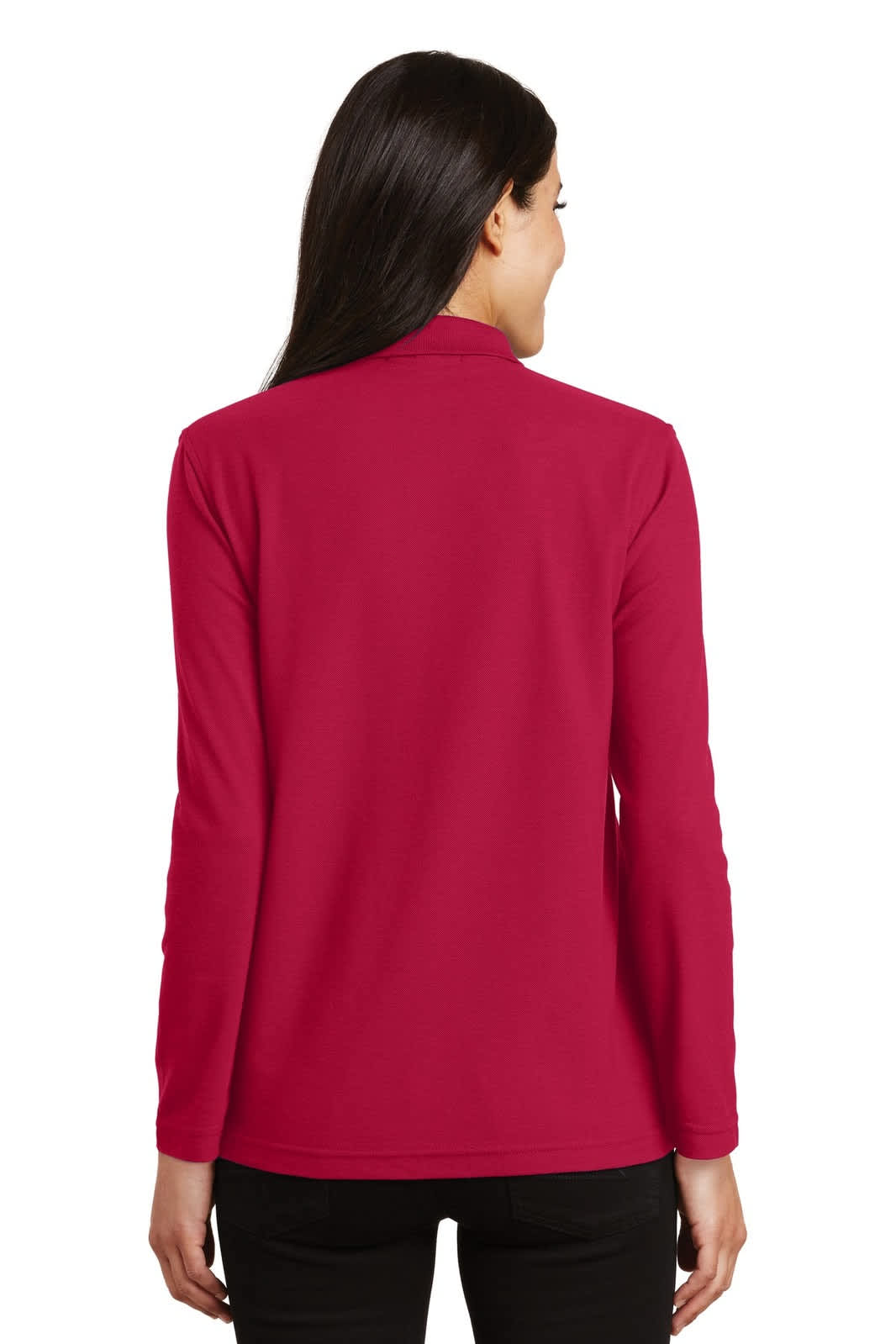 A long sleeve polo shirt in a vibrant raspberry colour, featuring a back view and a subtle logo.