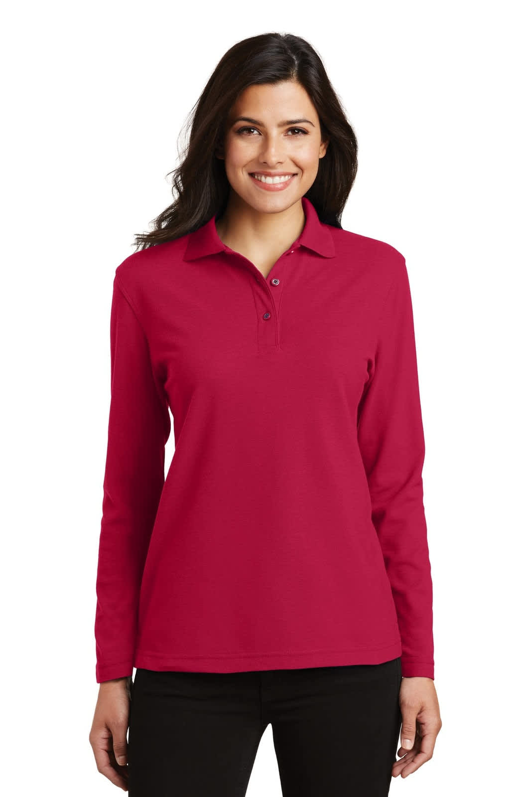 A long sleeve polo shirt in a vibrant red colour, featuring a collar and a logo on the left side.