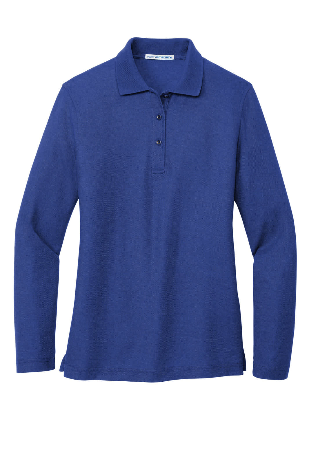 A long sleeve polo shirt in deep blue, featuring a collar and three button placket, with a logo on the chest.