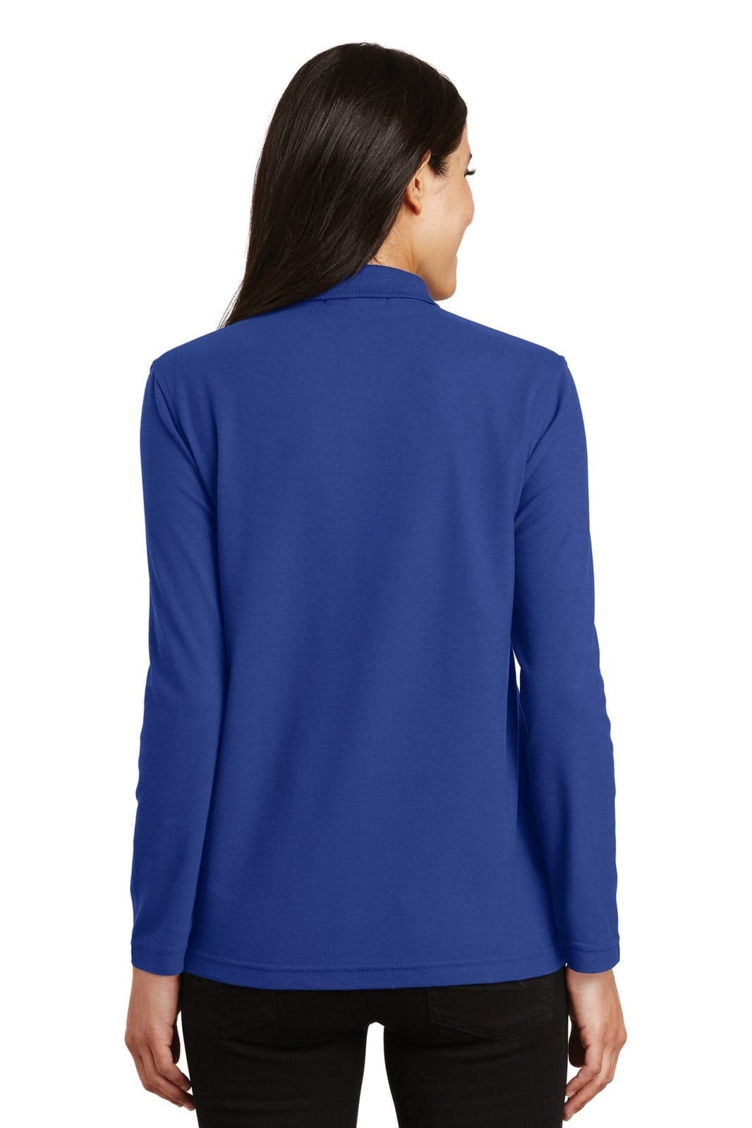 A blue long sleeve polo shirt for ladies, featuring a simple design and a logo on the back.