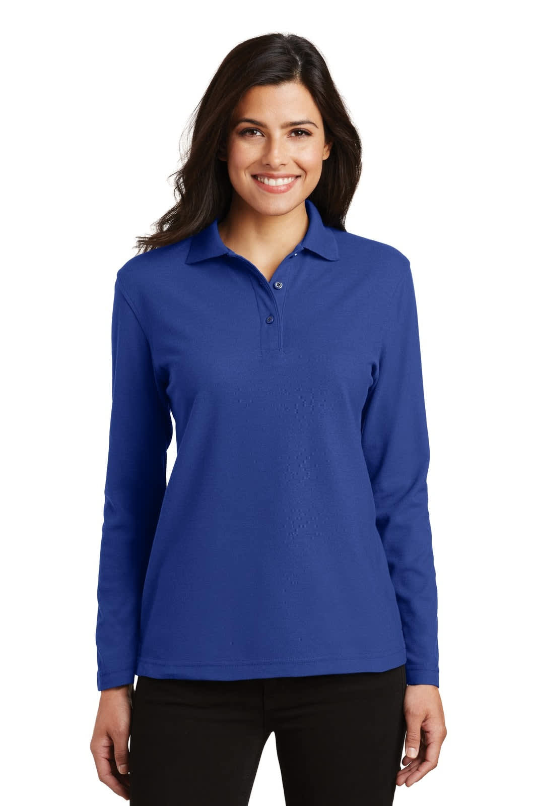 A long sleeve polo shirt in royal blue for women, featuring a collar and buttons, with a branding logo.