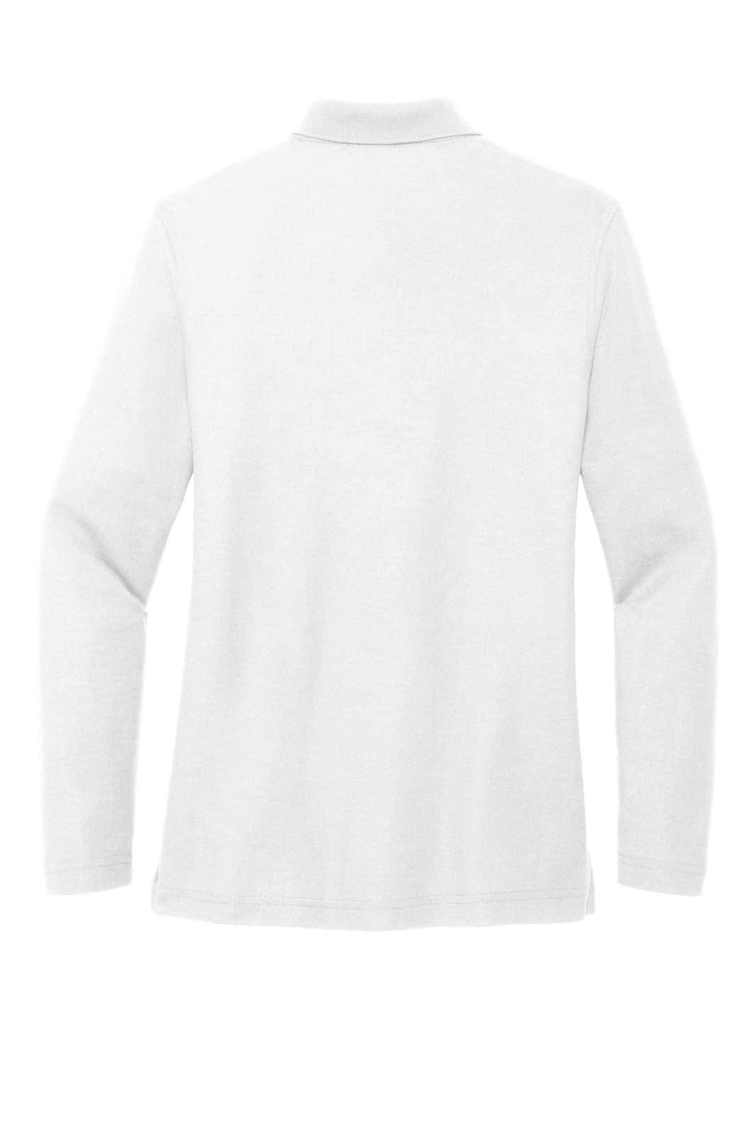 A white long sleeve polo shirt featuring a classic collar and a logo on the back.