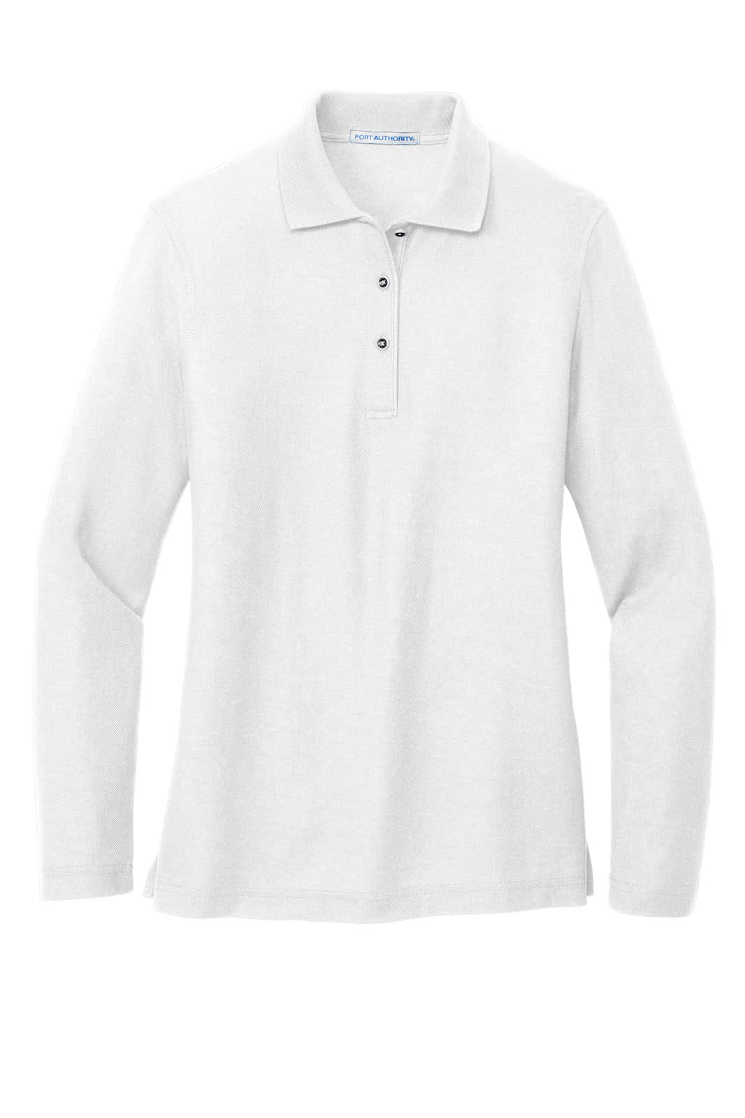 A white long sleeve polo shirt featuring a collar and button placket, with a small logo on the chest.