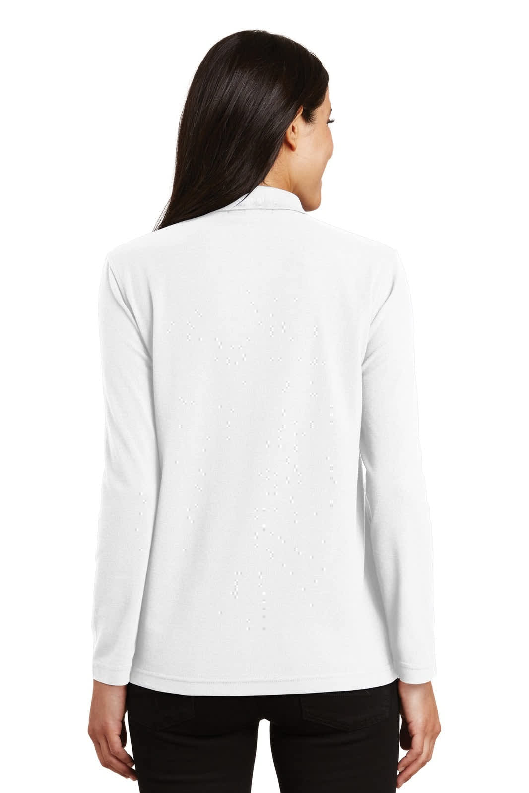 A long sleeve polo shirt in white, featuring a back view and a subtle logo.