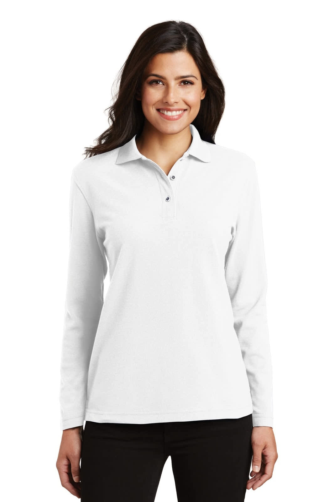 A long sleeve white polo shirt for ladies, featuring a classic collar and a logo on the chest.