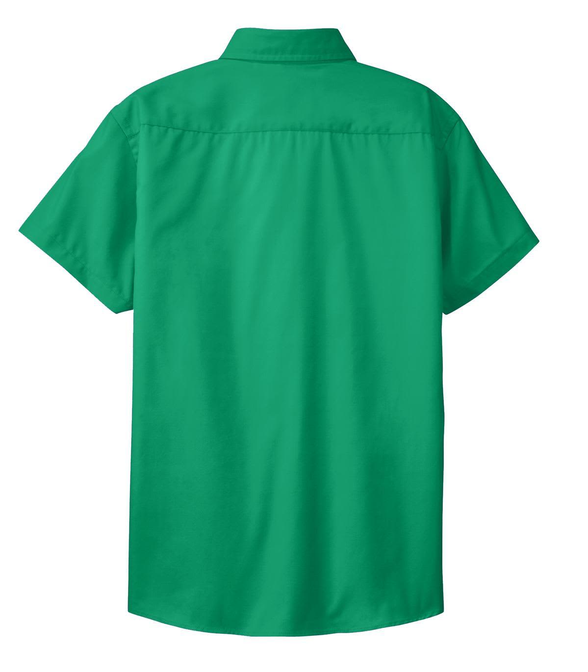 A green short sleeve button-up shirt featuring a collar and a logo on the back.