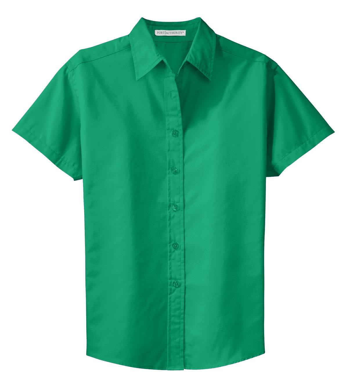A green short sleeve button-up shirt with a collar and a logo on the chest area.