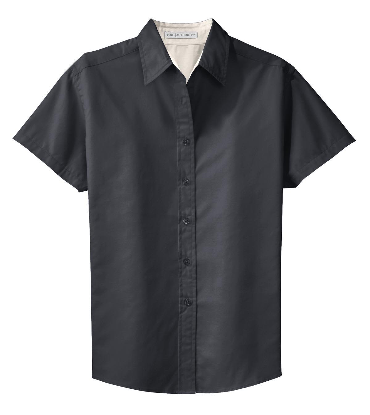 A black short sleeve button-up shirt with a collar, featuring a logo on the chest area.
