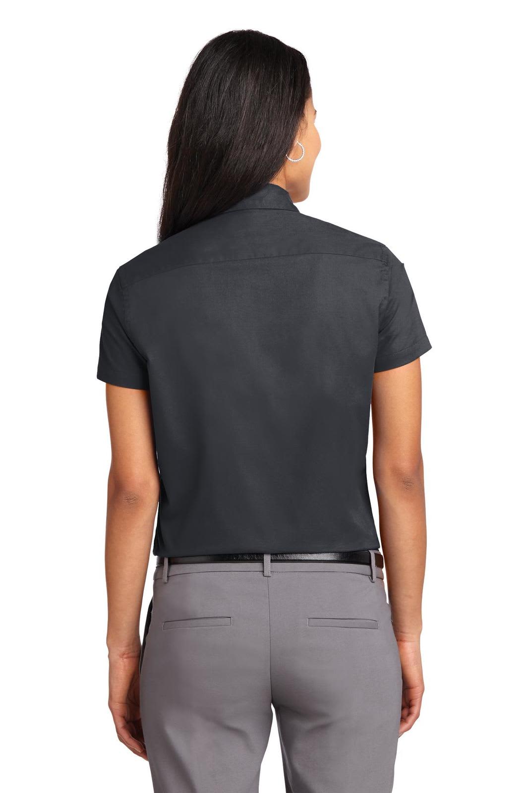 A dark grey ladies' short sleeve button-up shirt featuring a collar and a back view. Includes a logo.