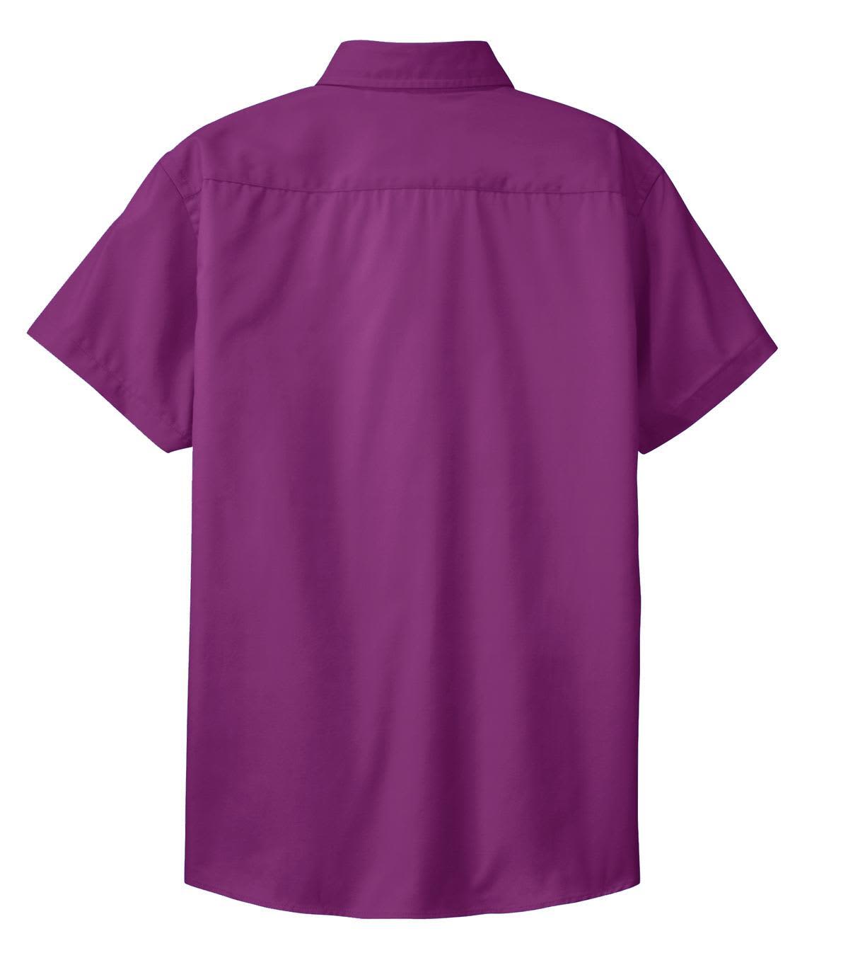 A purple short sleeve button-up shirt with a back yoke and collar, featuring a logo on the back.