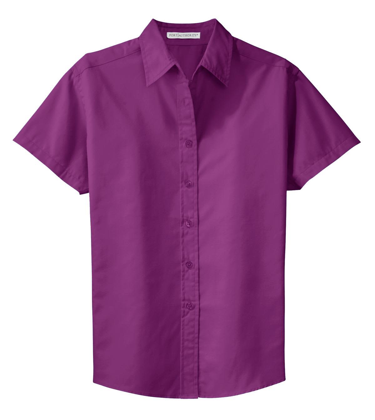 A short sleeve button-up shirt in a vibrant purple colour, featuring a collar and a single logo.