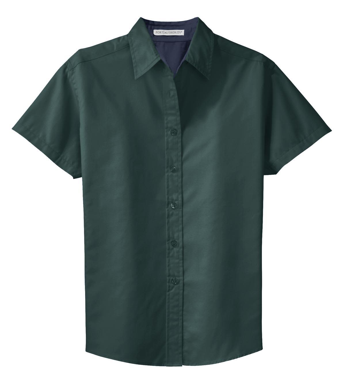 A dark green button-up shirt with short sleeves and a collar. Features subtle branding.