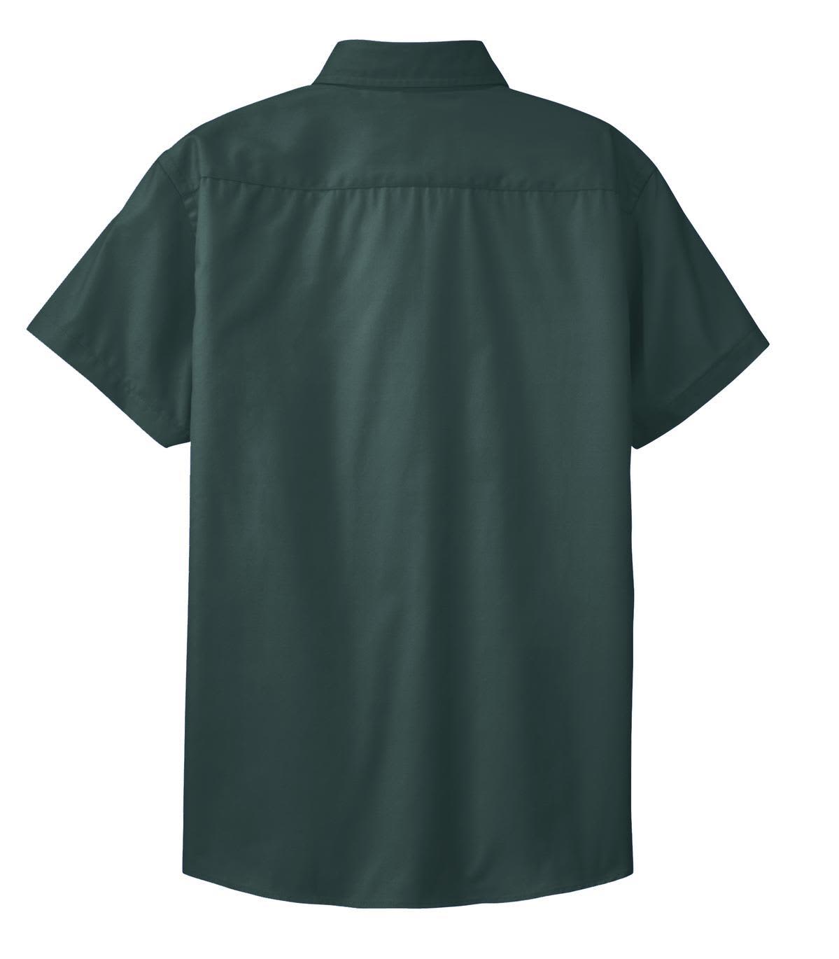 A dark green short sleeve button-up shirt featuring a back yoke and a brand logo.