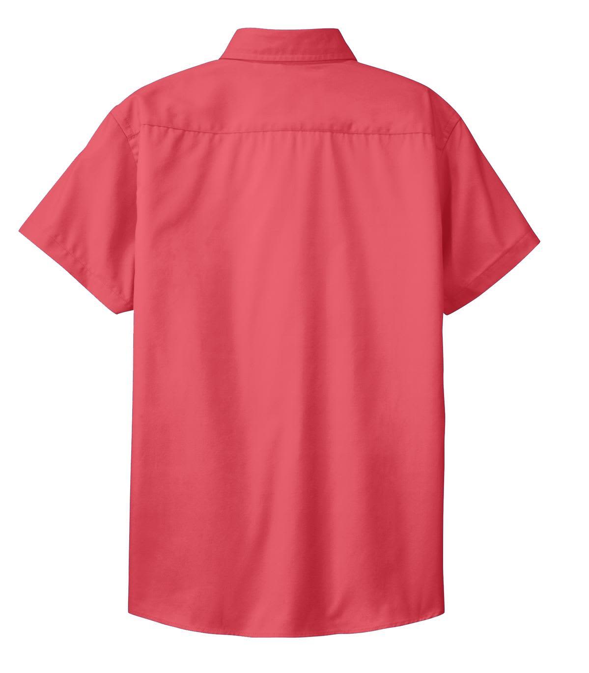 A short sleeve button-up shirt in a vibrant coral colour. Features a back yoke and has a logo.
