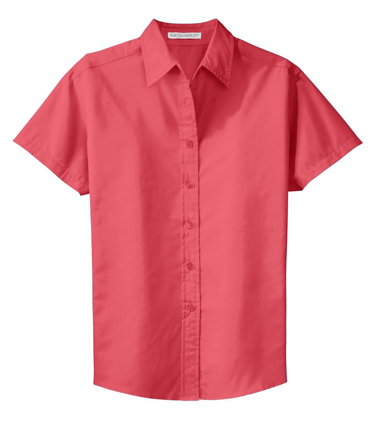A short sleeve button-up shirt in a vibrant coral colour, featuring a collar and front button placket.