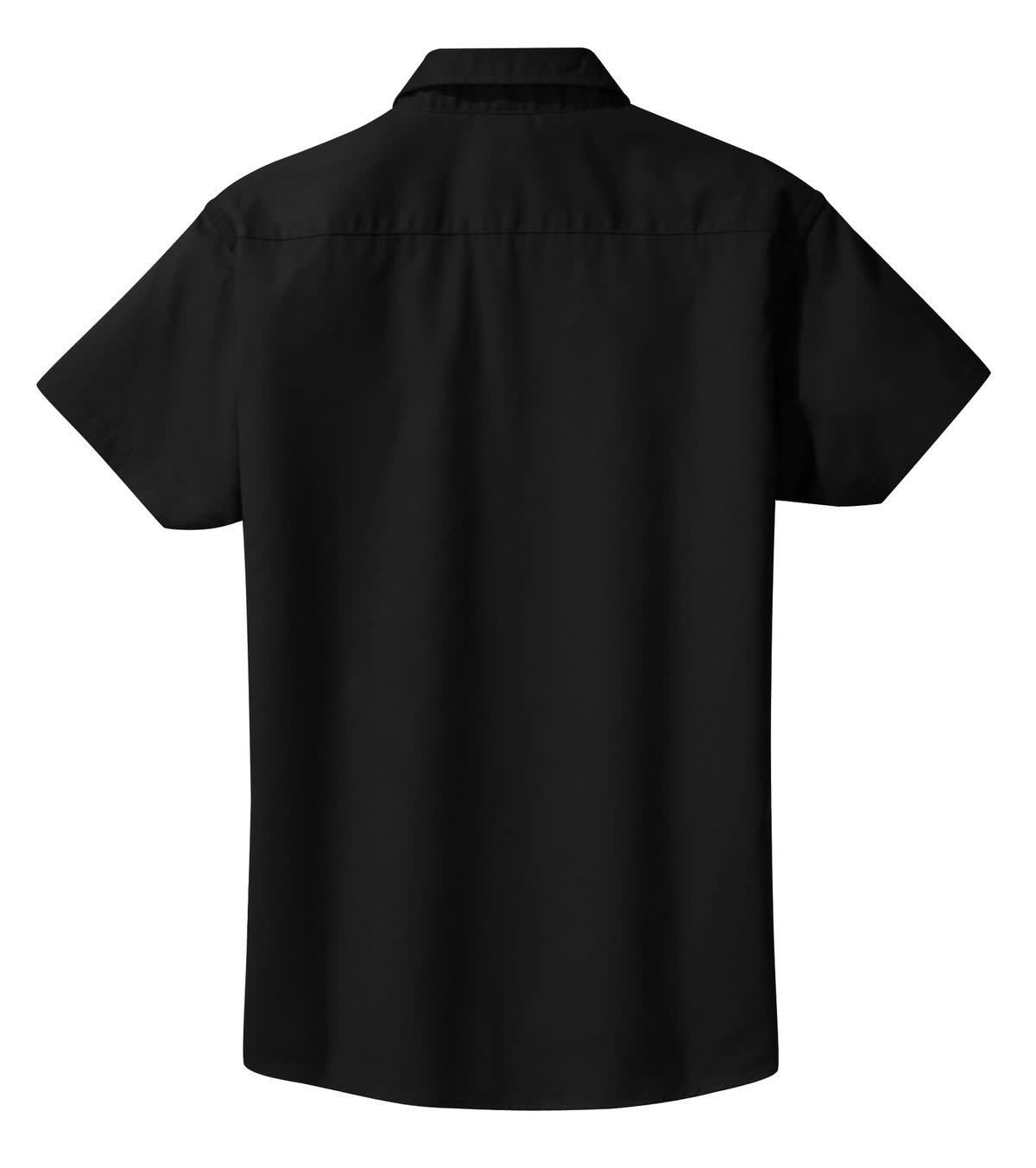 A black button-up shirt with short sleeves and a collar, featuring a logo on the back.