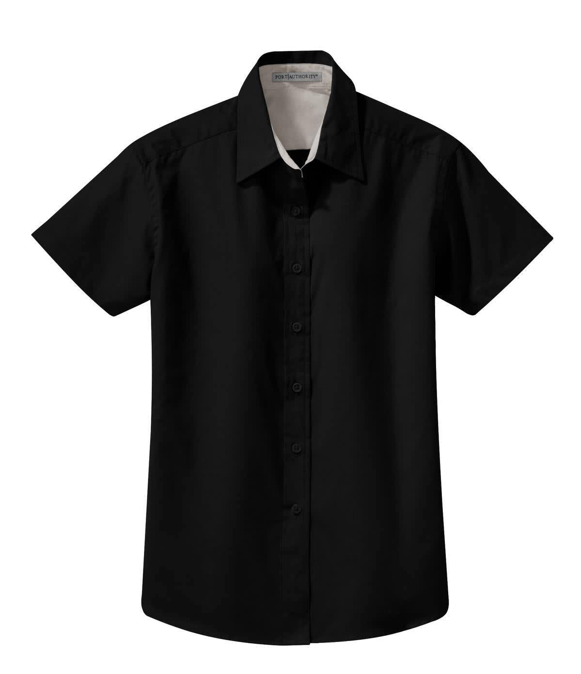A black short sleeve button-up shirt with a collar, featuring a logo.