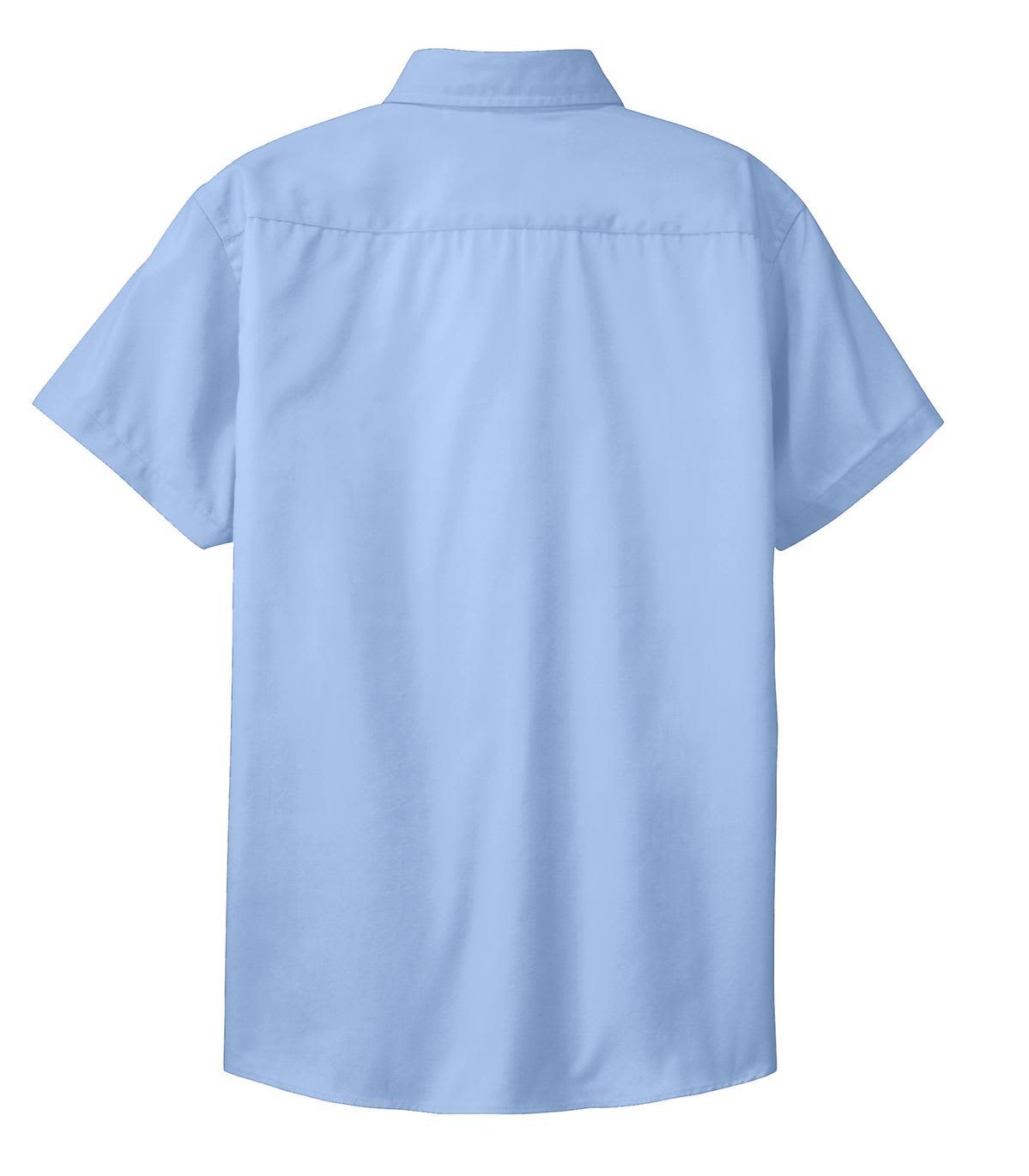 A light blue short-sleeve button-up shirt with a back yoke design and a logo.