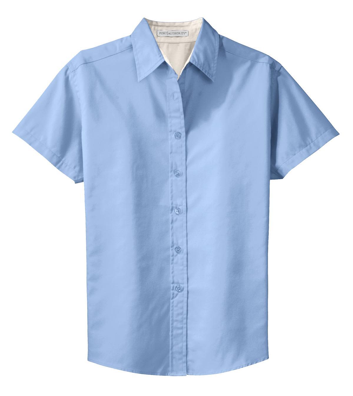 A light blue short sleeve button-up shirt with a collar and a logo on the chest.