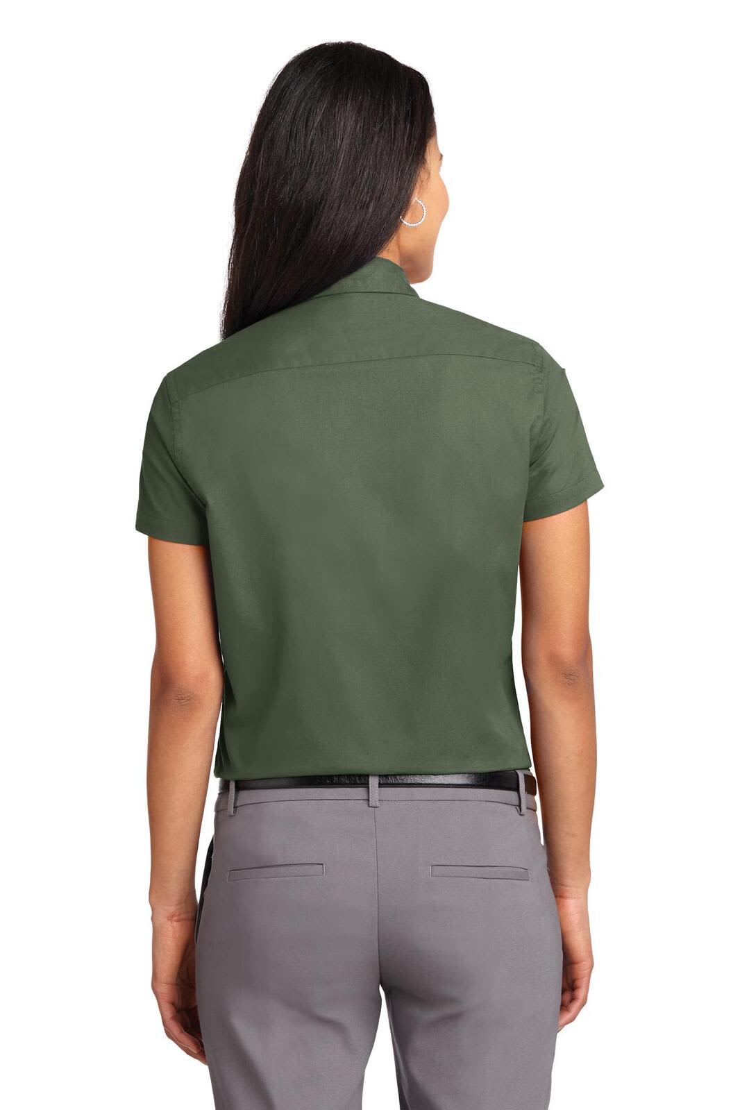 A short sleeve, dark green button-up shirt with a fitted back design, featuring a collar.