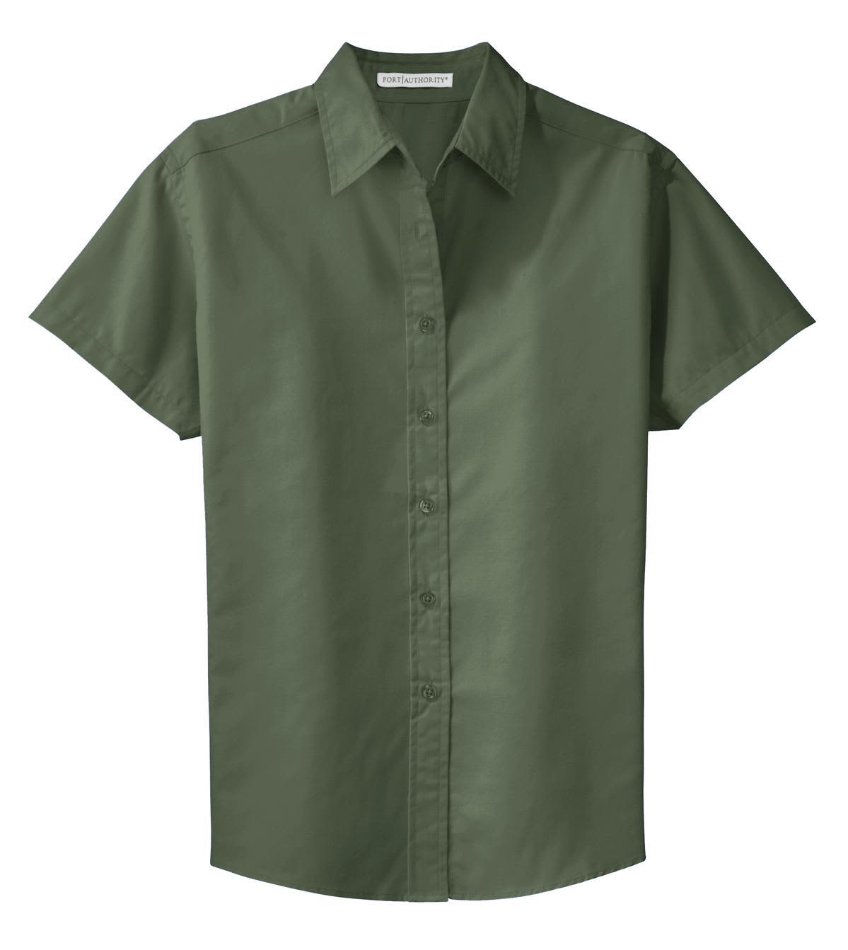 A short-sleeve button-up shirt in olive green with a collar and branding.