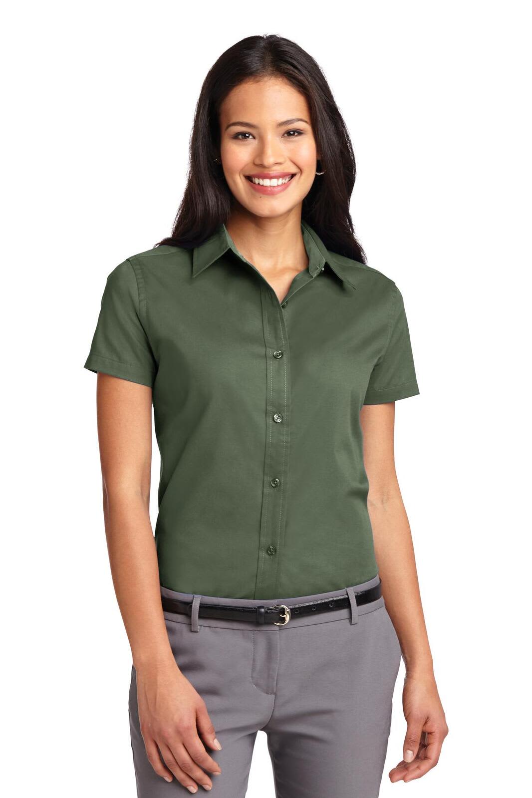 A short sleeve button-up shirt in dark green, featuring a collar and a logo.