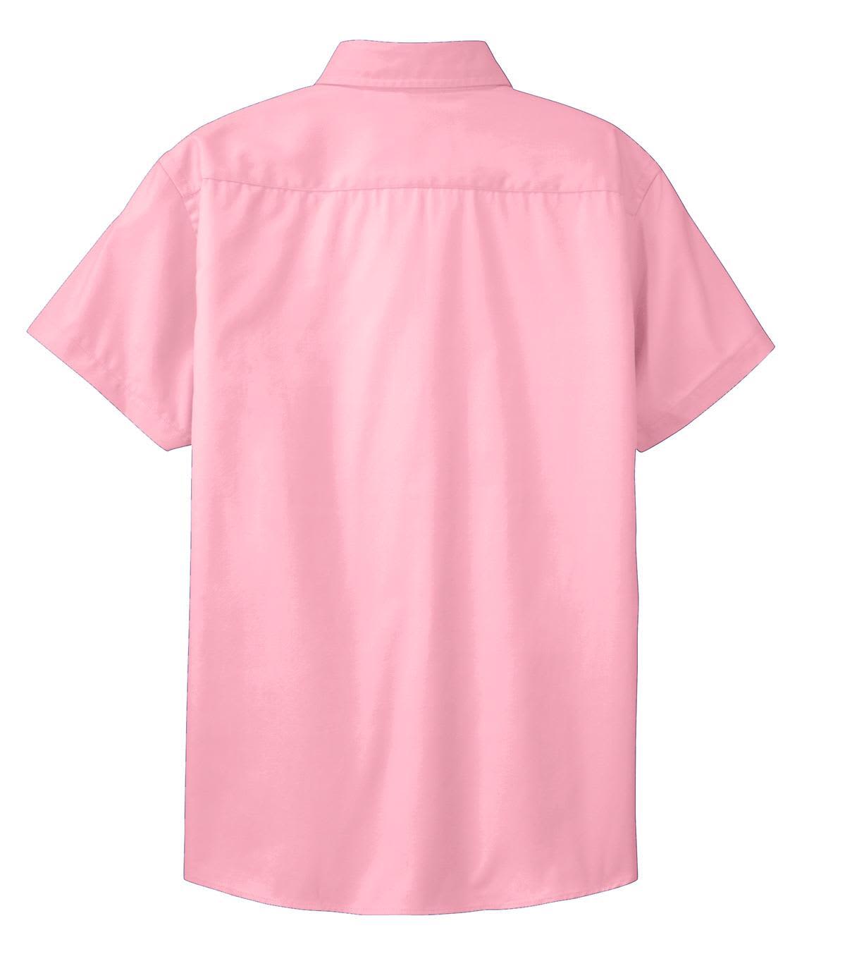 A pink short sleeve button-up shirt featuring a collar and a logo on the back.