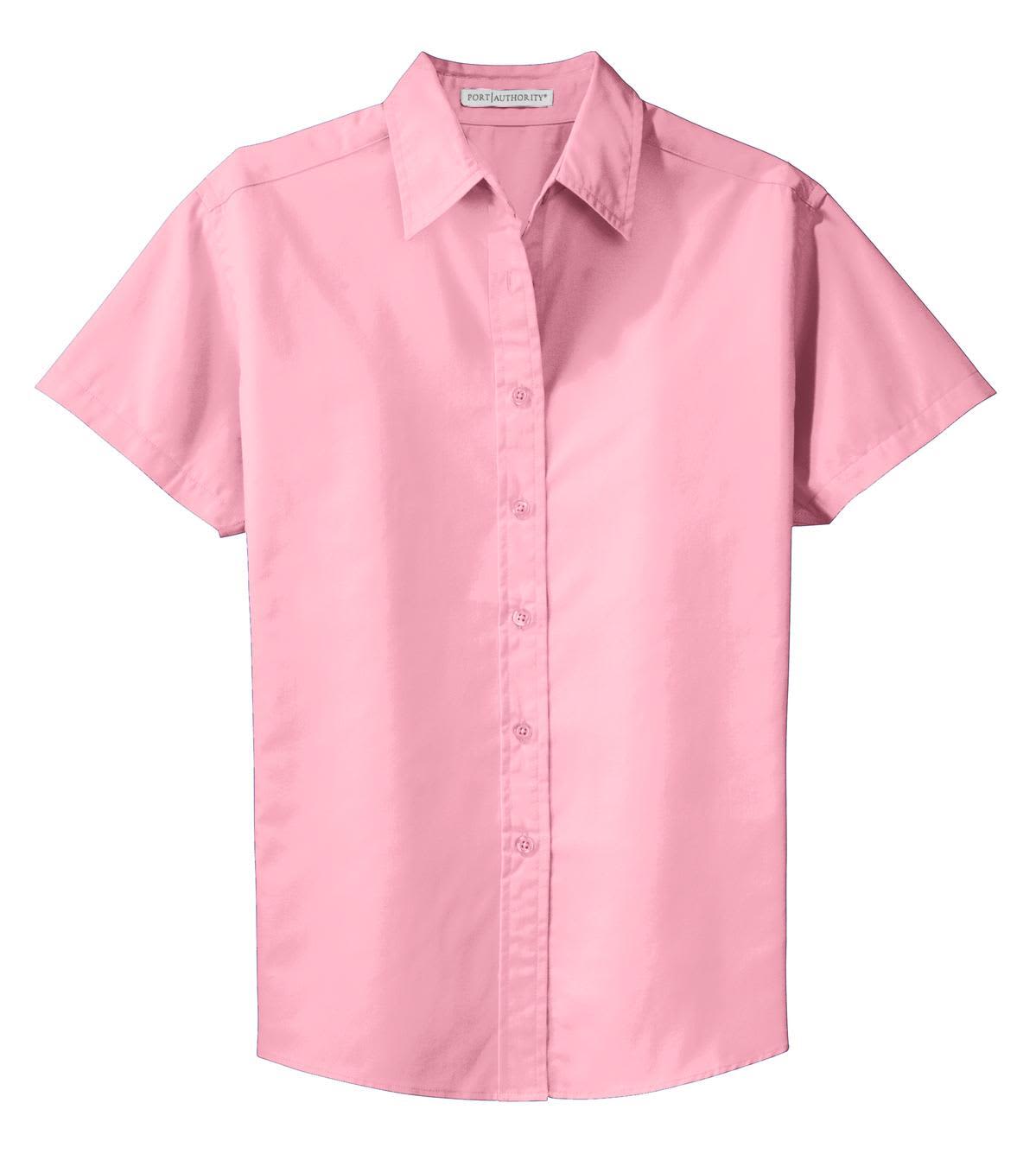 A short-sleeve, button-up shirt in pink with a collar and a logo on the chest.